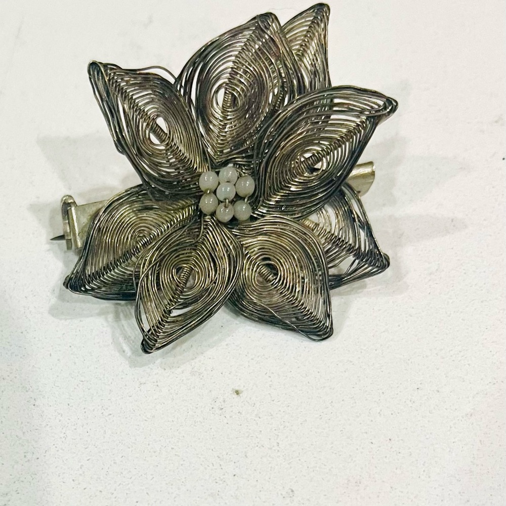 Antique Victorian French Brooch - Sterling Silver strings  & Faux Pearls Rare